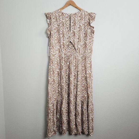 NEW Treasure & Bond Floral Flutter Sleeve Linen Blend Midi Dress Beige - Picture 9 of 11